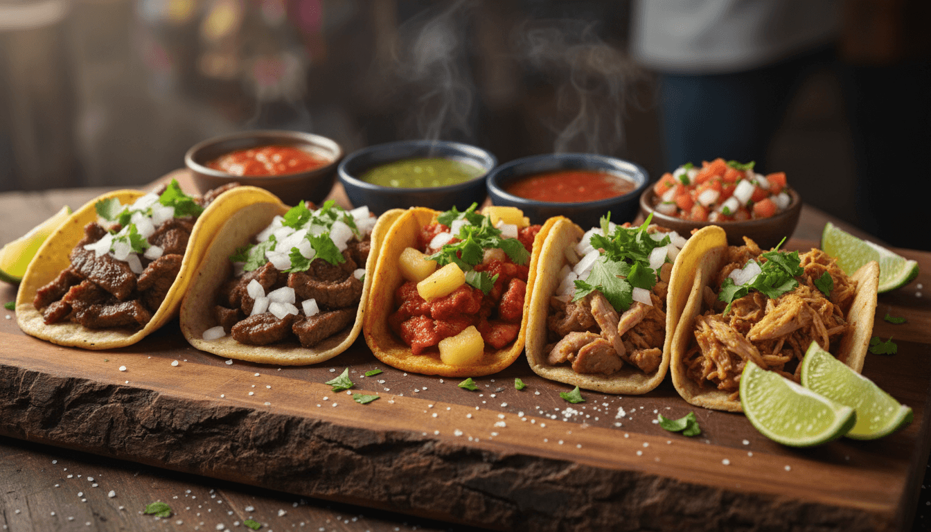 Authentic Mexican street tacos with carne asada, al pastor, and carnitas on rustic wooden board