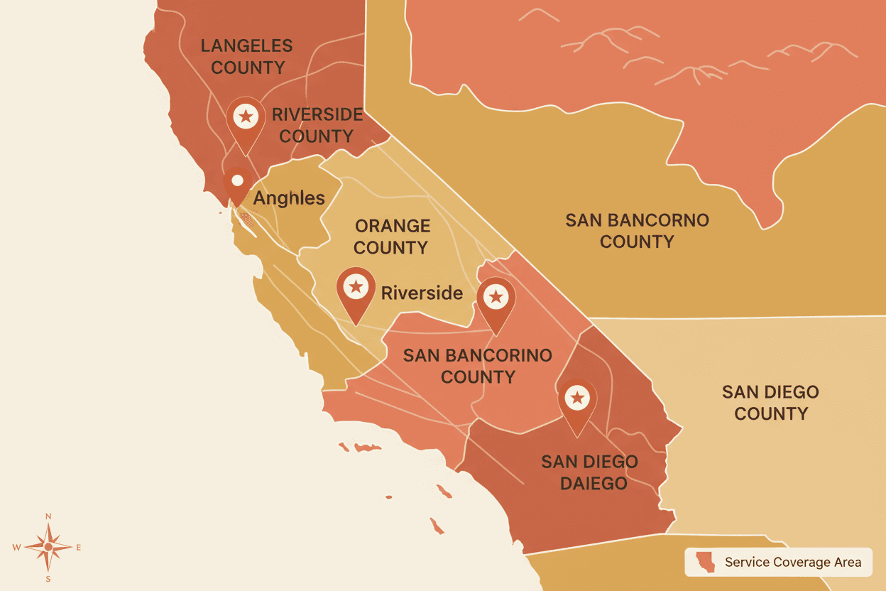 Map of Southern California showing Tacos El Mexicano service coverage area